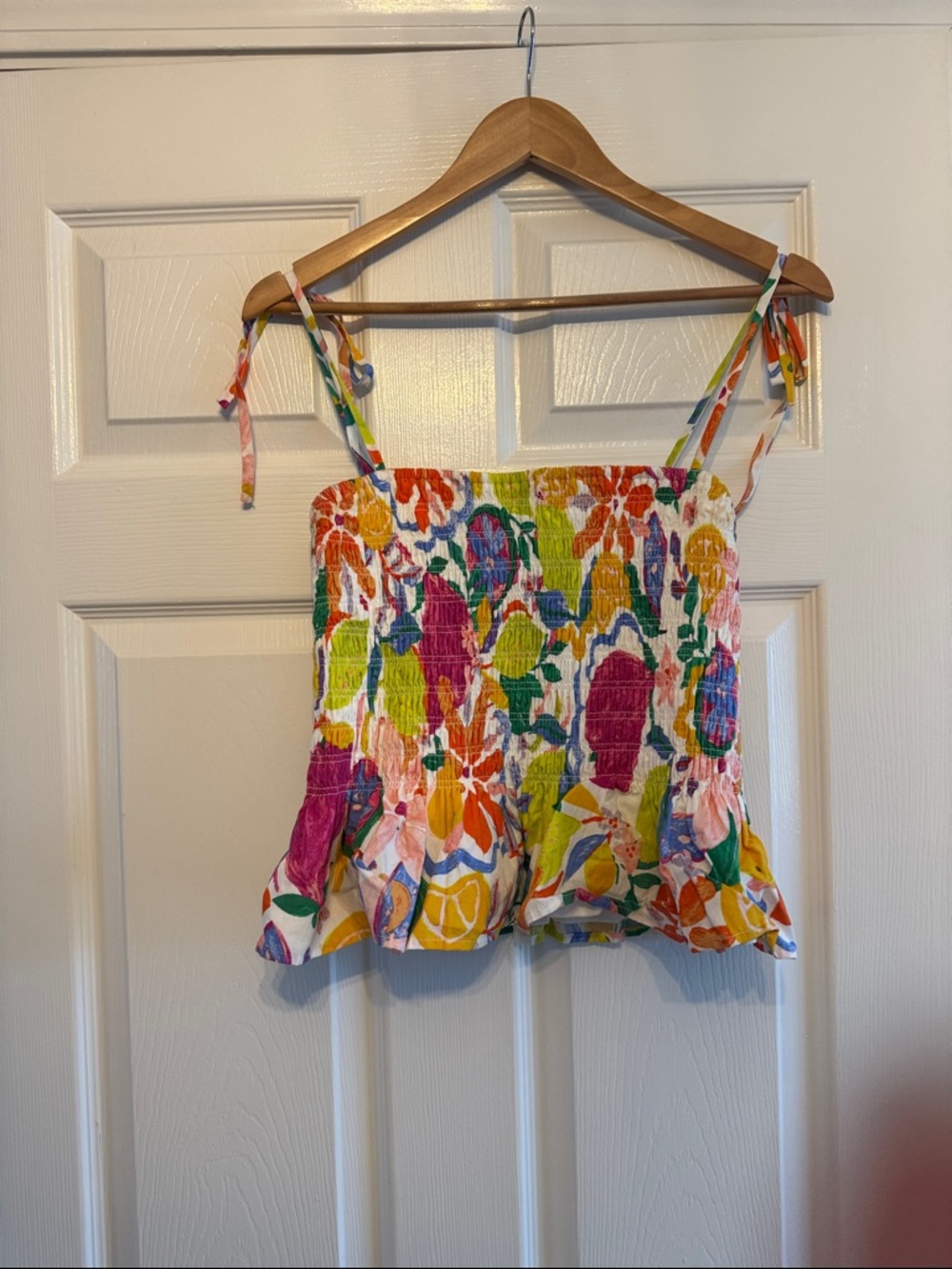 Aqua Multicolor Floral Smocked Tie-Shoulder Cami. Lined